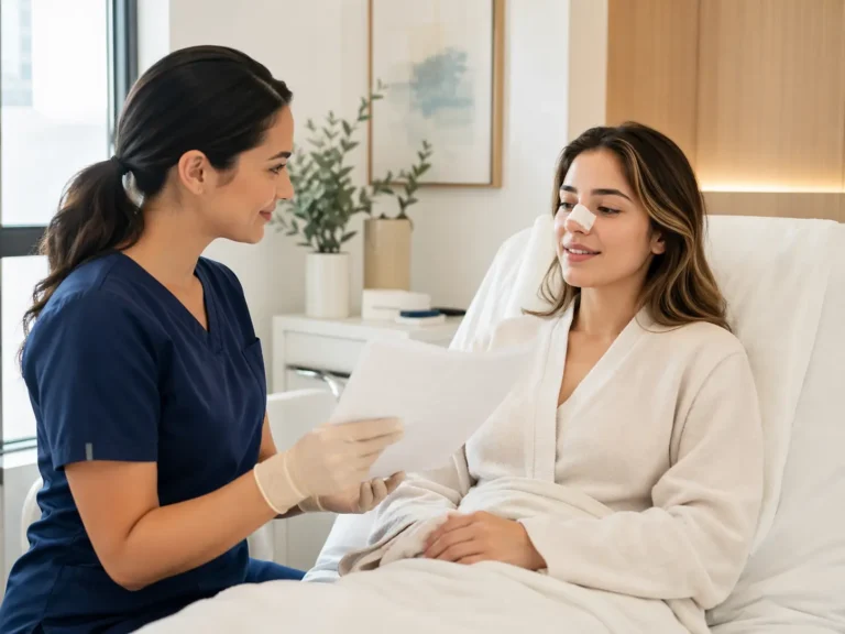 مريضة تتلقى تعليمات الرعاية بعد عملية تجميل في غرفة تعافٍ حديثة داخل عيادة متخصصة