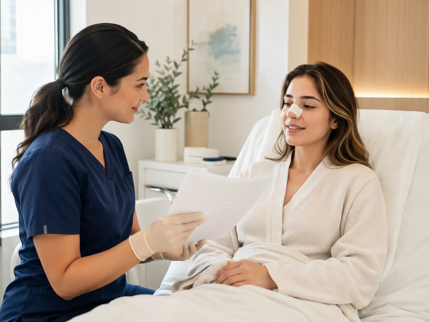 مريضة تتلقى تعليمات الرعاية بعد عملية تجميل في غرفة تعافٍ حديثة داخل عيادة متخصصة