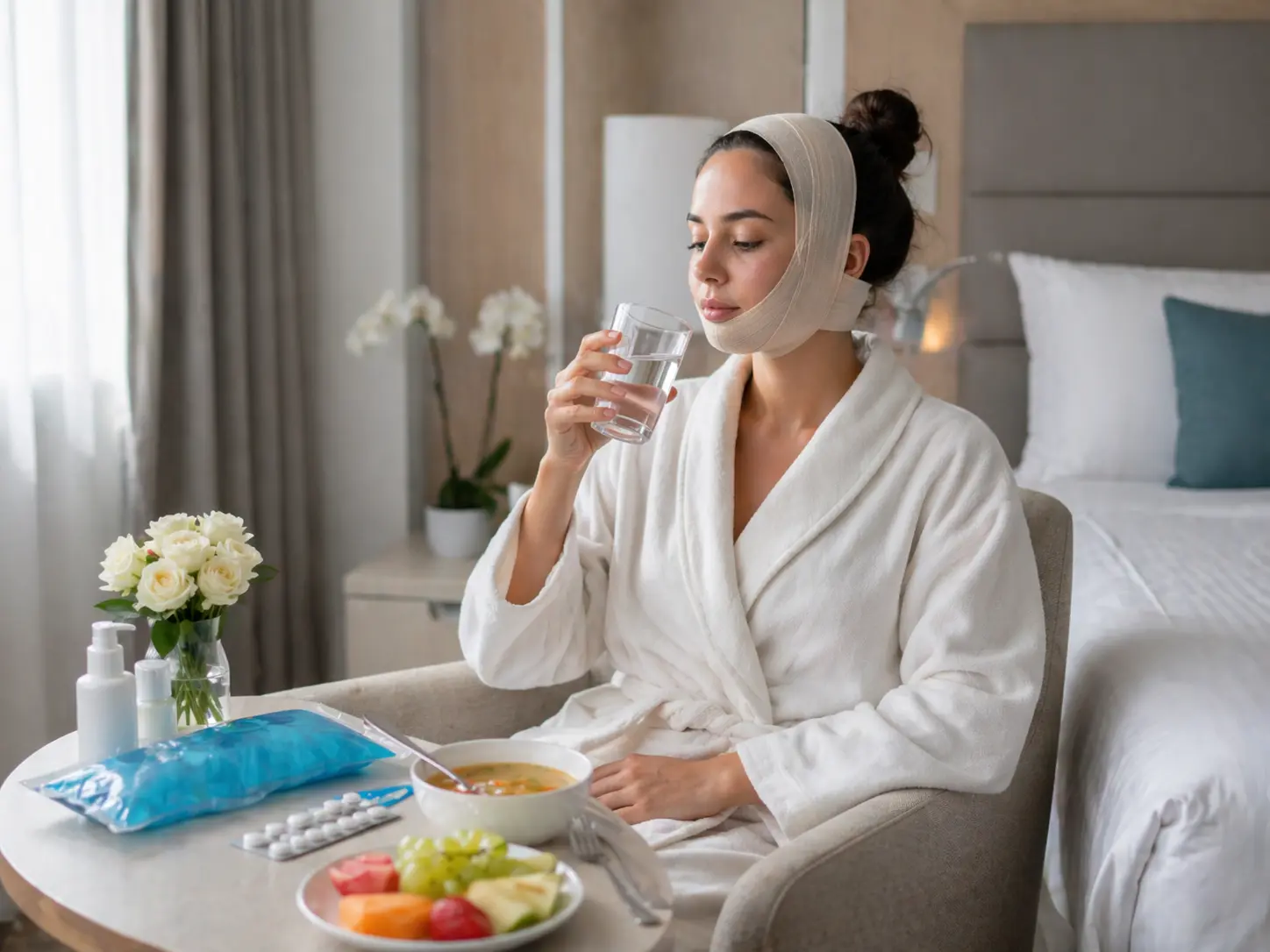 سيدة في مرحلة التعافي بعد عملية تجميل تشرب الماء وتلتزم بالتغذية الصحية والرعاية المنزلية
