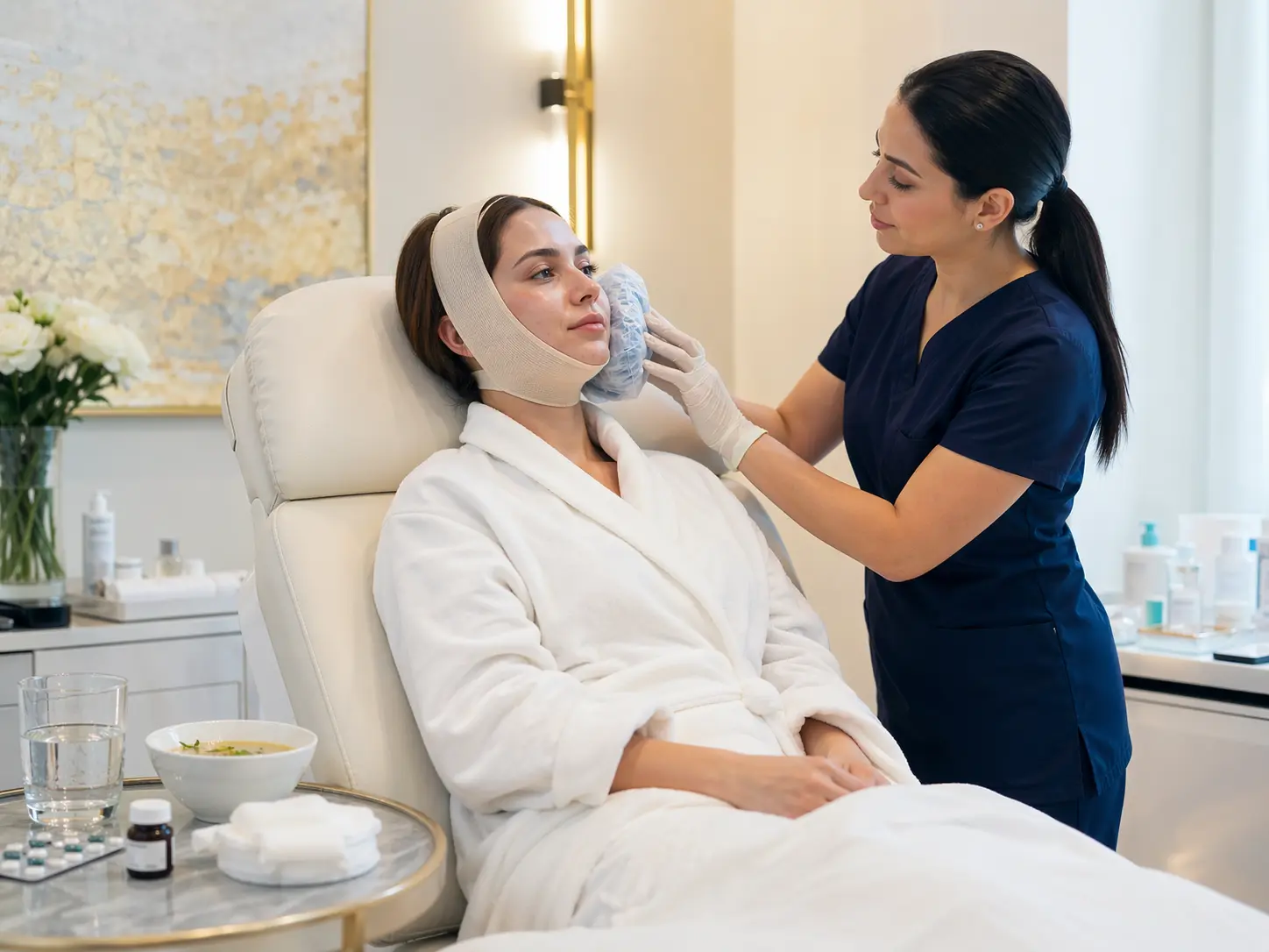 ممرضة تضع كمادة باردة لمريضة بعد عملية تجميل للمساعدة في تخفيف التورم وتسريع التعافي