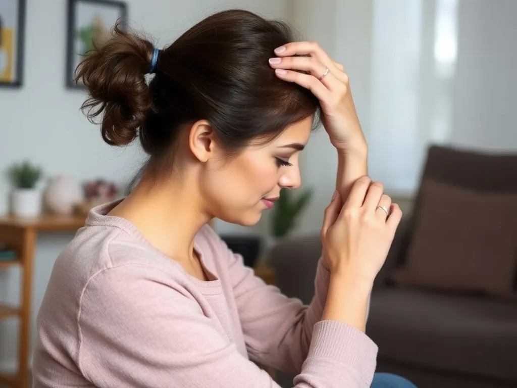 A calming scene at home, depicting a person gently touching their scalp, highlighting care and patience in the initial days post-transplant, avoiding pet interaction.