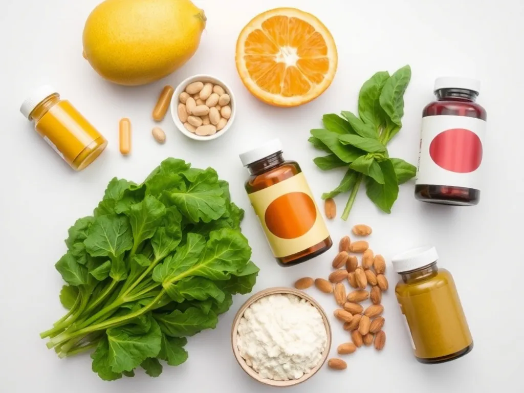 A flat lay of nutritious foods and vitamin bottles, depicting sources of vitamins and minerals essential for hair growth, such as leafy greens, protein sources, and nuts.