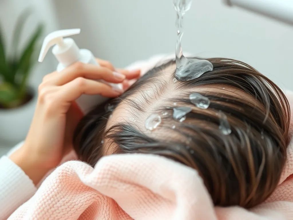 A gentle hair washing scene, showcasing the correct technique for cleansing newly transplanted hair. Tools like a medical shampoo bottle and a soft towel can be seen. The scene is soft-focused, with pastel colors.