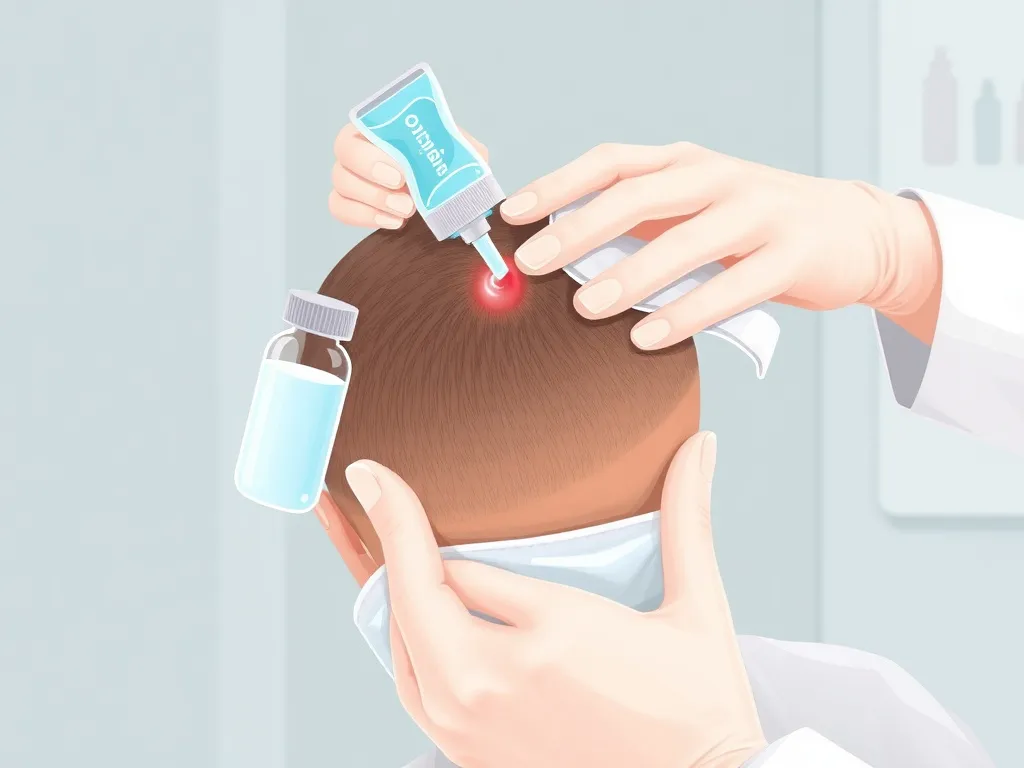 Illustration of cleaning scalp wounds, using antiseptic solution and soft cloth. The setting is sterile and professional, expressing proper aftercare and hygiene.