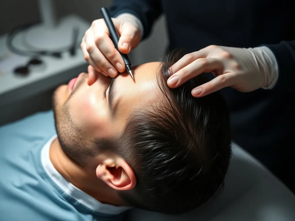 A professional studio shot of a man undergoing hair transplantation procedure. The focus is on a close-up of hands meticulously handling hair grafts, with the patient lying back in a relaxed pose. High quality, medical setting, with clear and clean environment.