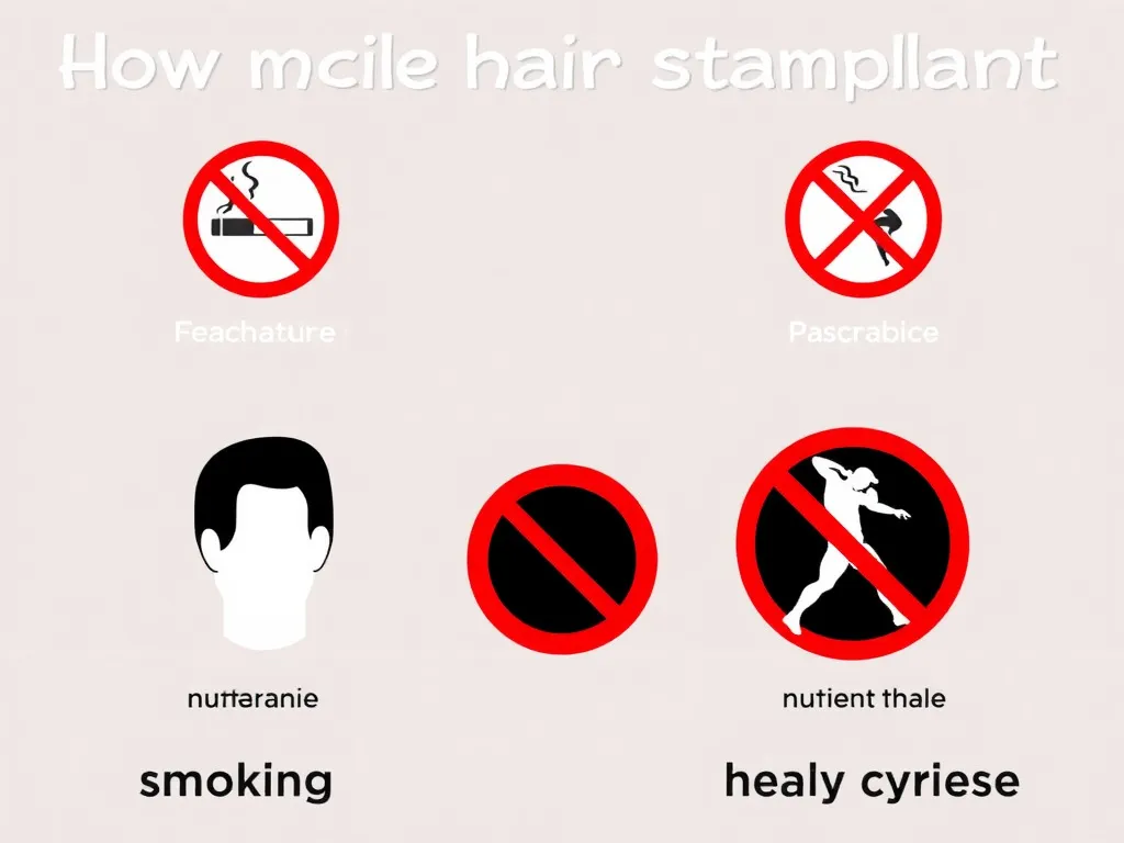 Visual depiction of harmful behaviors to avoid post-hair transplant, such as smoking and heavy exercise. The emphasis is on prohibitive symbols to convey restriction.