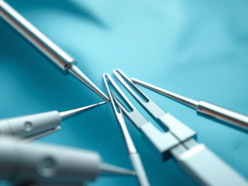 Close-up of advanced surgical instruments made from biodegradable materials, photorealistic, detailed view, minimalistic, clean background