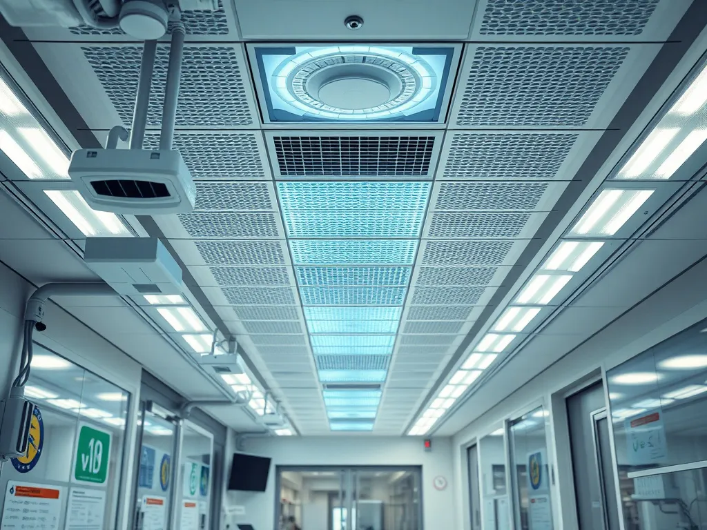 Eco-friendly lighting and energy-efficient systems in a medical facility, photorealistic, high-quality, advanced technology theme