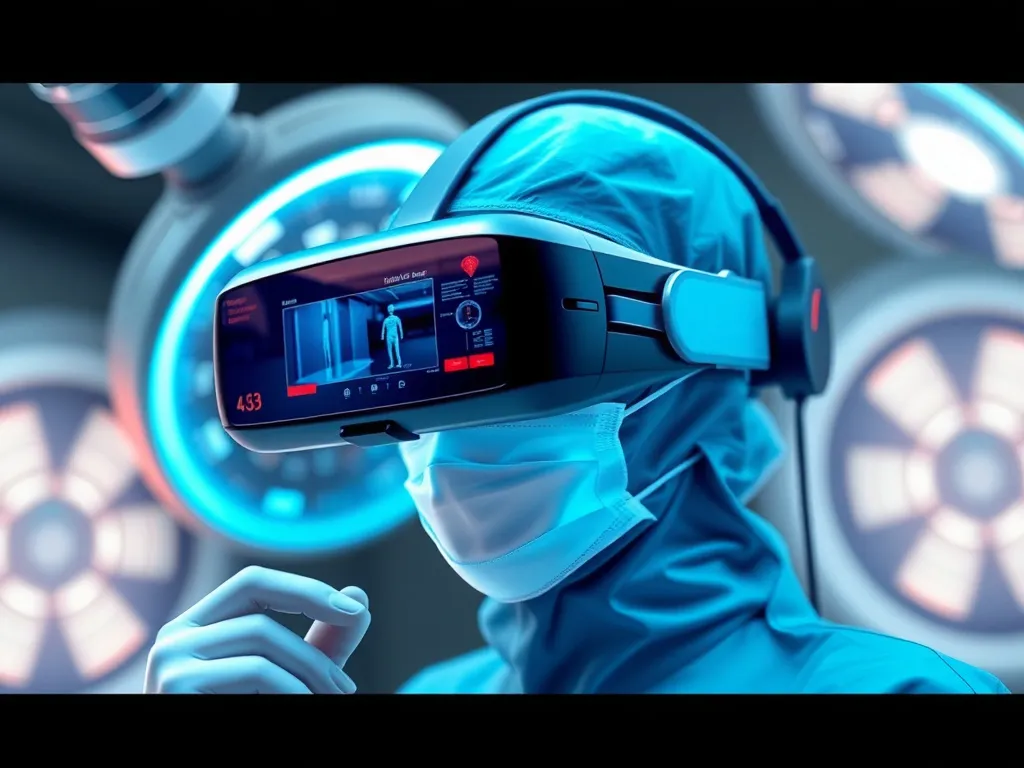 Illustration of virtual reality and augmented reality technology used in surgery, photorealistic, professional composition, vivid colors