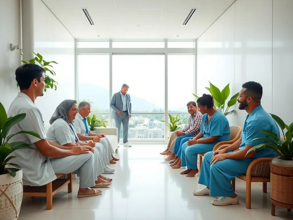 International medical tourism experience with sustainable practices, professional photography style, multicultural patients, eco-friendly accommodations