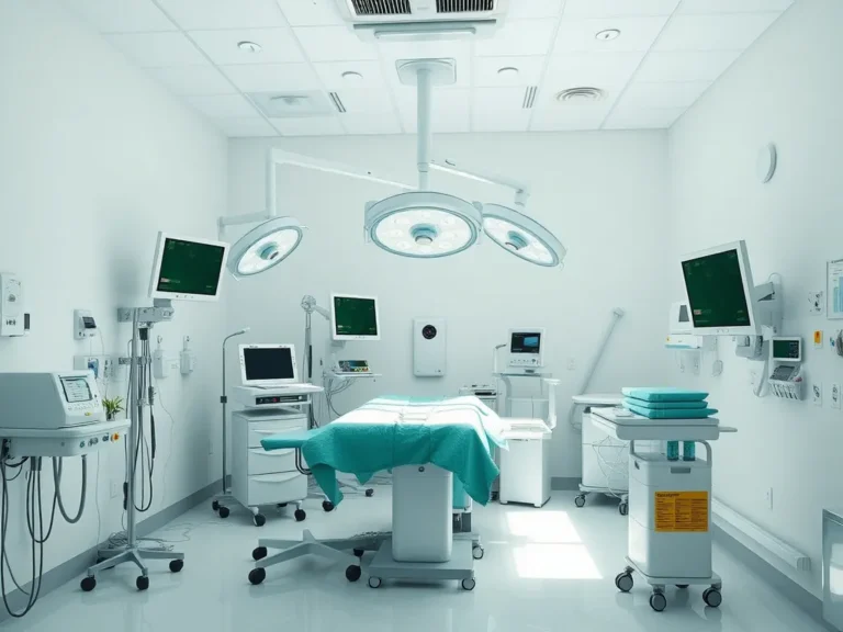 Modern surgical room with eco-friendly equipment and biodegradable materials, photorealistic, high-quality, natural lighting, showcasing sustainable medical practices