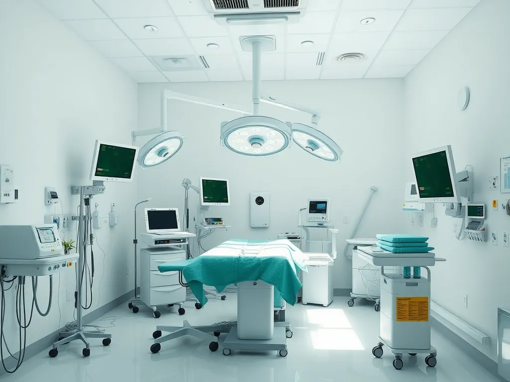Modern surgical room with eco-friendly equipment and biodegradable materials, photorealistic, high-quality, natural lighting, showcasing sustainable medical practices