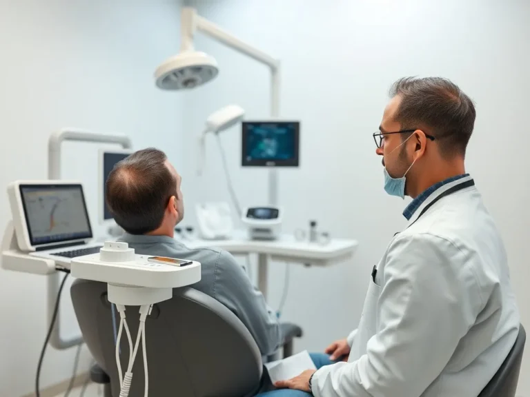 A professional setting of a hair transplant clinic in Turkey, showcasing modern medical equipment and a specialist consulting a patient, photorealistic, high quality, clean background