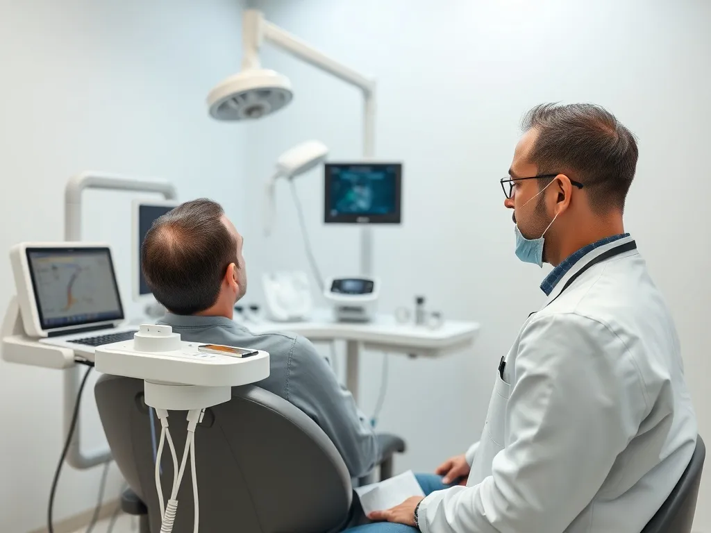 A professional setting of a hair transplant clinic in Turkey, showcasing modern medical equipment and a specialist consulting a patient, photorealistic, high quality, clean background