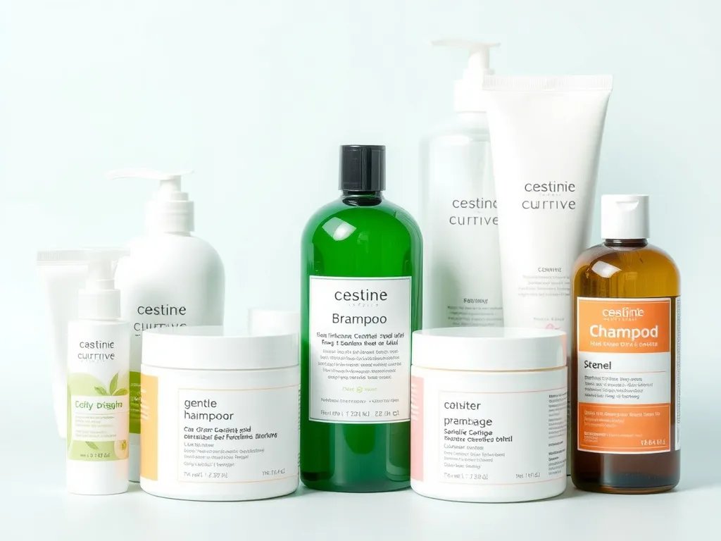 Image of various gentle hair care products, free from strong scents and alcohols, focusing on medical-grade shampoos and creams, clean and organized
