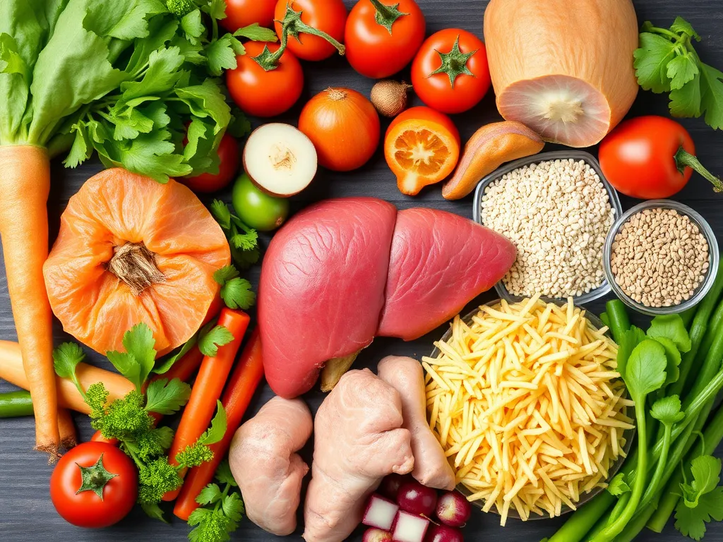 Healthy and balanced diet for liver health, including fresh vegetables, lean proteins, whole grains, clean and colorful presentation