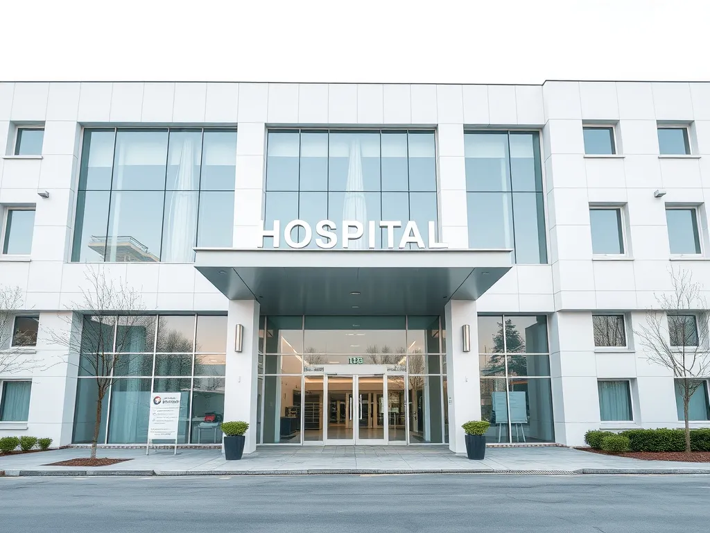 Hospital exterior in Turkey, modern architecture, clean surroundings, welcoming atmosphere, reflecting advanced healthcare facilities