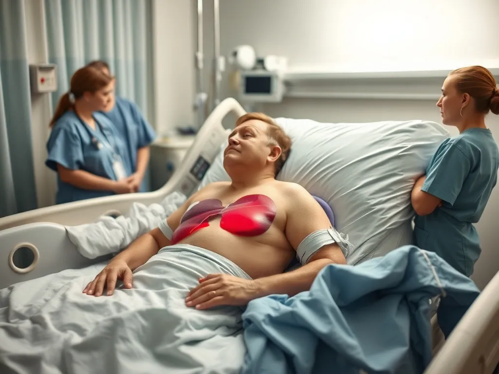 Liver transplant recipient recovering in a hospital room, attentive medical staff, professional care, warm and supportive environment