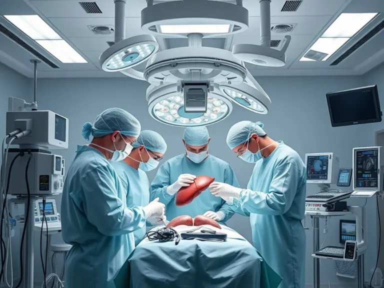 Modern operating room with advanced medical equipment, surgeons wearing sterile gowns performing a liver transplant, photorealistic, high quality, professional lighting
