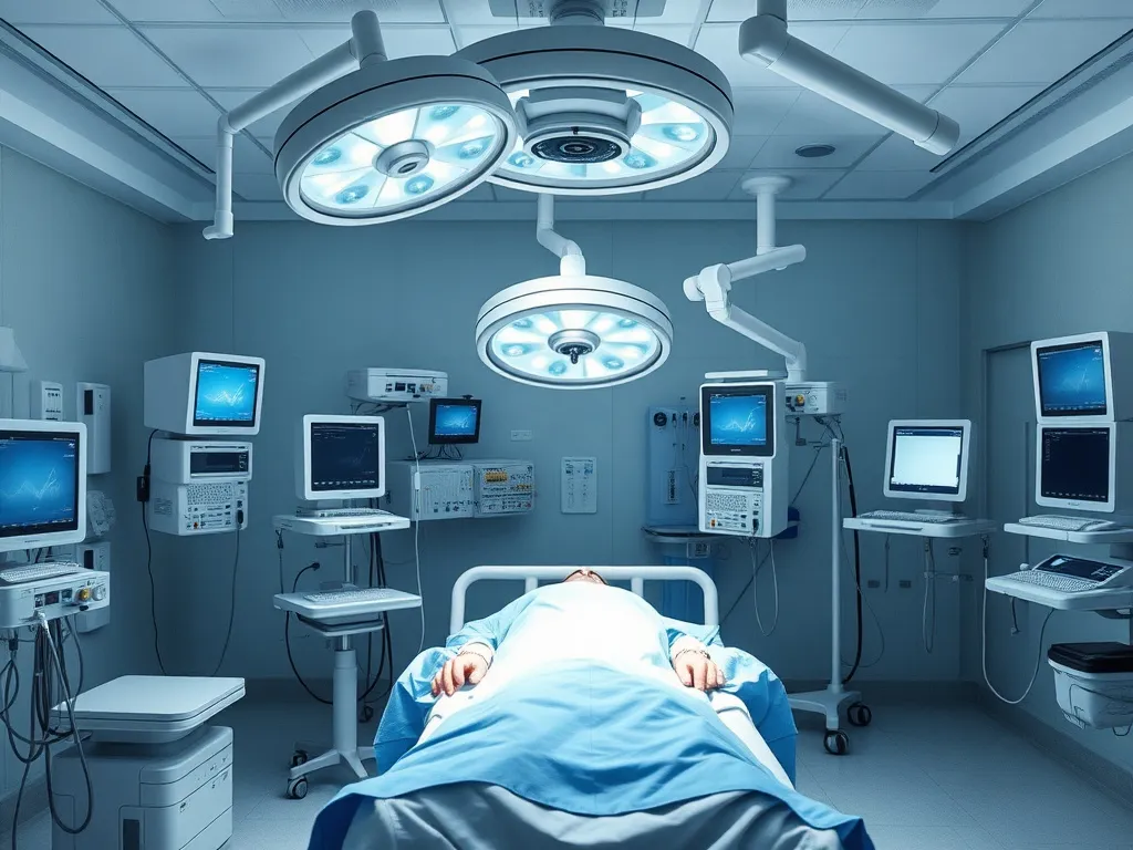 Post-operative care in intensive care unit, patient monitored by medical staff, advanced healthcare technology, serene atmosphere