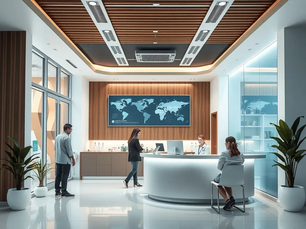 Modern dental clinic reception area with international patients, highlight of multilingual communication and premium services available, photorealistic setting