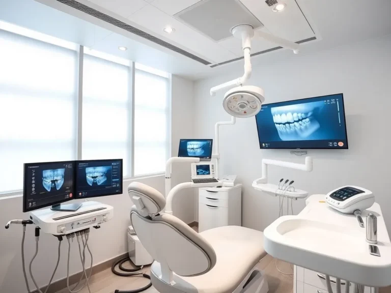 Dental clinic in Turkey with advanced technology, showing digital screens, 3D imaging equipment, and professional dental environment, high-quality, clean background