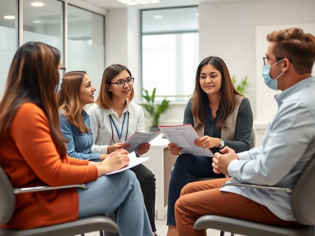 Group meeting between patients and dental insurance representatives discussing plans and coverages, modern office setting, realistic and detailed interaction