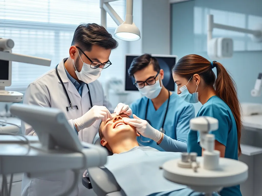Patient receiving dental check-up in a modern clinic, featuring advanced dental equipment and professional staff interaction, high-quality and detailed elements