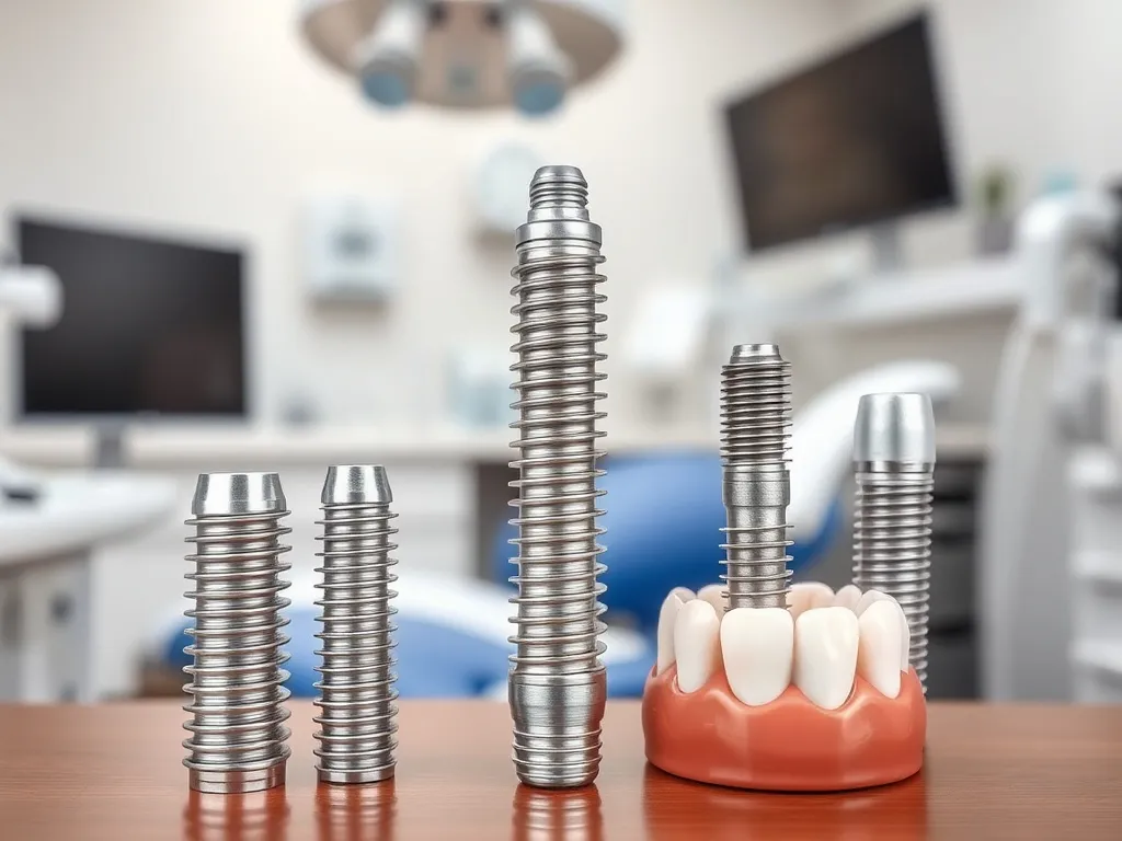 Detailed view of different dental implant options in a clinic setting, showcasing various implants and materials used, professional photography and layout